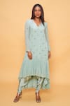 Buy_Sajeda A Lehry_Aqua Georgette Embroidery V-neck Hand Kurta Set _at_Aza_Fashions