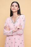 Sajeda A Lehry_Pink Georgette Embroidery V-neck Rose Hand Kurta Set _Online_at_Aza_Fashions
