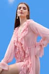 Sajeda A Lehry_Pink Georgette V-neck Designer Rose Dress _Online_at_Aza_Fashions
