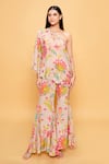 Buy_Sajeda A Lehry_Beige Silk, Crepe Embroidery Asymmetric Floral Hand Sharara Set _at_Aza_Fashions