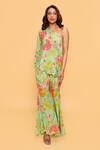 Buy_Sajeda A Lehry_Green Silk, Crepe Embroidery Asymmetric Floral Hand Sharara Set _at_Aza_Fashions