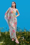 Buy_Sajeda A Lehry_Aqua Silk, Crepe Embroidery One Shoulder Hand Kaftan _at_Aza_Fashions