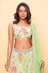 Sajeda A Lehry_Green Georgette Sequins, Embroidery Square Floral Printed Pista Lehenga Set _Online_at_Aza_Fashions