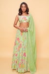 Buy_Sajeda A Lehry_Green Georgette Sequins, Embroidery Square Floral Printed Pista Lehenga Set _Online_at_Aza_Fashions