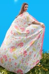 Shop_Sajeda A Lehry_Aqua Silk, Crepe Scoop Neck Floral Print Cape And Pant Set _at_Aza_Fashions