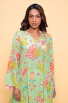 Sajeda A Lehry_Green Silk, Crepe Embroidery V-neck Floral Hand Kurta And Dhoti Pant _Online_at_Aza_Fashions