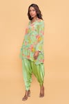 Buy_Sajeda A Lehry_Green Silk, Crepe Embroidery V-neck Floral Hand Kurta And Dhoti Pant _at_Aza_Fashions