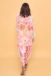 Shop_Sajeda A Lehry_Pink Silk, Crepe Embroidery V-neck Floral Hand Kurta And Dhoti Pant Set _at_Aza_Fashions