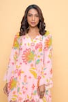 Sajeda A Lehry_Pink Silk, Crepe Embroidery V-neck Floral Hand Kurta And Dhoti Pant Set _Online_at_Aza_Fashions