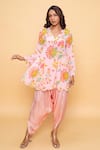 Buy_Sajeda A Lehry_Pink Silk, Crepe Embroidery V-neck Floral Hand Kurta And Dhoti Pant Set _at_Aza_Fashions