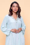 Buy_Sajeda A Lehry_Aqua Silk, Crepe V-neck Hand Embroidered Kurta And Dhoti Pant Set _Online_at_Aza_Fashions
