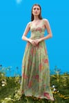 Buy_Sajeda A Lehry_Green Silk, Crepe Embroidery Scoop Neck Hand Pista Dress _at_Aza_Fashions