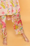 Sajeda A Lehry_Beige Silk, Crepe Embroidery Collared Floral Hand Kurta And Pant Set _Online_at_Aza_Fashions