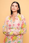 Shop_Sajeda A Lehry_Beige Silk, Crepe Embroidery Collared Floral Hand Kurta And Pant Set _at_Aza_Fashions