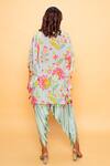 Shop_Sajeda A Lehry_Aqua Silk, Crepe Embroidery Round Neck Floral Kaftan And Dhoti Pant Set _at_Aza_Fashions
