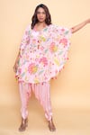 Buy_Sajeda A Lehry_Pink Silk, Crepe Tassels Round Neck, Floral Hand Embroidered Kaftan And Dhoti Pant _at_Aza_Fashions