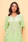 Sajeda A Lehry_Green Silk, Crepe Tassels Keyhole Neck Hand Embroidered Pista Kaftan Set _Online_at_Aza_Fashions