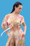 Sajeda A Lehry_Beige Silk, Crepe Round Neck Sienna Floral Print Crop Top And Pant _Online_at_Aza_Fashions