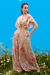Buy_Sajeda A Lehry_Beige Silk, Crepe Round Neck Sienna Floral Print Crop Top And Pant _at_Aza_Fashions