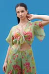 Sajeda A Lehry_Green Silk, Crepe V-neck Floral Print Crop Top And Pant Set _Online_at_Aza_Fashions
