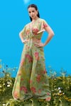 Buy_Sajeda A Lehry_Green Silk, Crepe V-neck Floral Print Crop Top And Pant Set _Online_at_Aza_Fashions