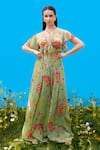 Buy_Sajeda A Lehry_Green Silk, Crepe V-neck Floral Print Crop Top And Pant Set _at_Aza_Fashions