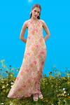 Buy_Sajeda A Lehry_Beige Crepe Halter Neck Digital Print Dress _at_Aza_Fashions
