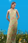 Buy_Sajeda A Lehry_Green Crepe Halter Neck Digital Print Dress _Online_at_Aza_Fashions
