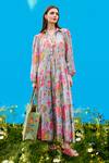 Shop_Sajeda A Lehry_Gray Cotton Embroidery Collared Hand Digital Print Dress _at_Aza_Fashions