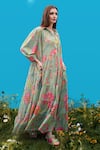 Shop_Sajeda A Lehry_Green Cotton Collared Digital Print Pista Dress _Online_at_Aza_Fashions