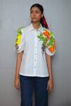 Buy_Studio Moda India_White Cotton Embroidery, Applique Collared Lanthana Print Shirt _at_Aza_Fashions