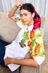 Studio Moda India_White Cotton Embroidery, Applique Collared Lanthana Print Shirt _Online_at_Aza_Fashions