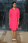 Buy_Studio Moda India_Pink Cotton Embroidery Collared Banana Cutdana Drawstring Dress _at_Aza_Fashions