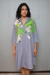 Buy_Studio Moda India_Gray Cotton Embroidery Collared Jasmine Applique Print Dress _at_Aza_Fashions