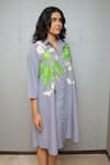 Studio Moda India_Gray Cotton Embroidery Collared Jasmine Applique Print Dress _Online_at_Aza_Fashions