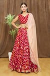 Buy_Samyukta Singhania_Red Silk, Chiffon Zari, Embroidery Round Neck Floral Butti Lehenga Set 