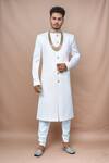 Buy_Samyukta Singhania_Cream Georgette, Silk Beads Flower Embroidered Collar Sherwani Set _at_Aza_Fashions