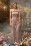 Buy_Muskan Aggarwal_Mauve Satin, Net Beads, Cut Work Beaded Fringe Off Shoulder Top With Flared Pant_at_Aza_Fashions