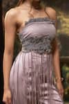 Muskan Aggarwal_Mauve Satin, Net Beads, Cut Work Beaded Fringe Off Shoulder Top With Flared Pant_Online_at_Aza_Fashions