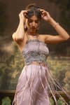 Muskan Aggarwal_Mauve Satin, Net Beads, Cut Work Beaded Fringe Off Shoulder Top With Flared Pant_at_Aza_Fashions
