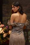 Shop_Muskan Aggarwal_Brown Net Sequins, Beads, Cut Work Off-shoulder Earthwood Gown_at_Aza_Fashions