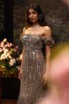 Muskan Aggarwal_Brown Net Sequins, Beads, Cut Work Off-shoulder Earthwood Gown_Online_at_Aza_Fashions