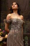 Buy_Muskan Aggarwal_Brown Net Sequins, Beads, Cut Work Off-shoulder Earthwood Gown_Online_at_Aza_Fashions