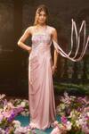 Buy_Muskan Aggarwal_Blush Satin, Net Sequins, Beads Asymmetric Pink Embroidered Designer Gown_at_Aza_Fashions