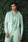 Pooja Bagaria_Mint Satin, Linen Green Cowl Kurta Set _at_Aza_Fashions
