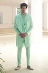 Buy_Pooja Bagaria_Mint Satin, Linen Green Cowl Kurta Set _at_Aza_Fashions