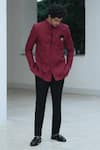 Shop_Pooja Bagaria_Maroon Cotton, Linen Crystals Bandhgala Set _at_Aza_Fashions