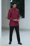 Pooja Bagaria_Maroon Cotton, Linen Crystals Bandhgala Set _Online_at_Aza_Fashions