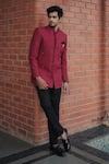 Buy_Pooja Bagaria_Maroon Cotton, Linen Crystals Bandhgala Set 