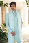 Pooja Bagaria_Blue Cotton, Linen Powder Kurta Set _at_Aza_Fashions